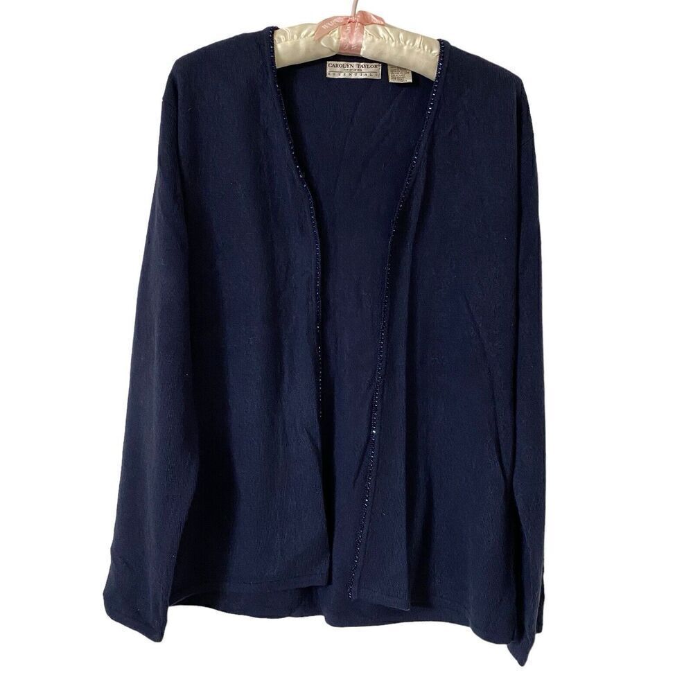 Carolyn Taylor Sweater Womens Medium Blue Cardigan Beaded Trim Open Soft Acrylic